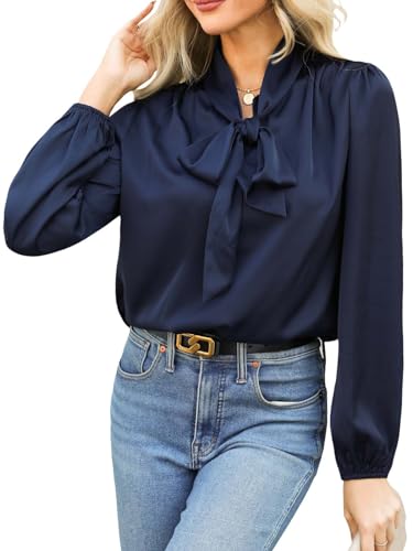 CUPSHE Damen Bluse Stehkragen mit Schleife Satinoptik Langarm Schluppenshirt Oberteile Tunika Hemdbluse Tops Marineblau L von CUPSHE