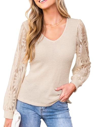 CUPSHE Damen Bluse V-Ausschnitt Häkelmuster mit Blumen Langarm Elegant Lässig Tops für Damen Beige L von CUPSHE