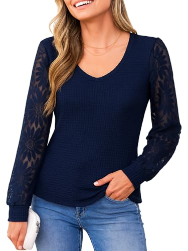 CUPSHE Damen Bluse V-Ausschnitt Häkelmuster mit Blumen Langarm Elegant Lässig Tops für Damen Navy M von CUPSHE