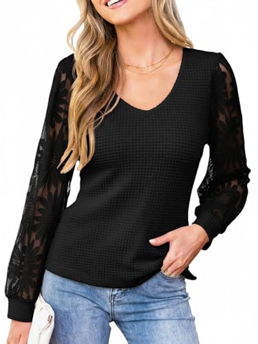 CUPSHE Damen Bluse V-Ausschnitt Häkelmuster mit Blumen Langarm Elegant Lässig Tops für Damen Schwarz M von CUPSHE