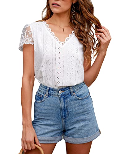 CUPSHE Damen Bluse V Ausschnitt Kurzarm Spitzen Shirt Oberteile Sommer T Shirt Tops Weiß L von CUPSHE