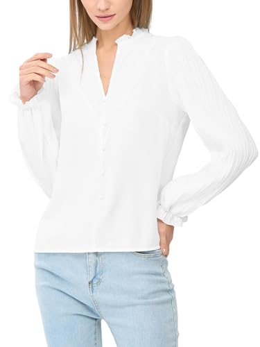 CUPSHE Damen Bluse V-Ausschnitt Langarm Knopfleiste Plissee Oberteile mit Rüschen Casual Shirt Elegant Hemd Tops Weiß L von CUPSHE