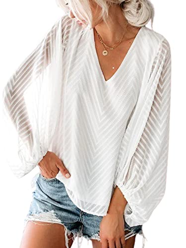 CUPSHE Damen Bluse V Ausschnitt Transparente Puffärmel Langarmshirt Oberteile Lässige Tunika Bluse Tops Weiß L von CUPSHE