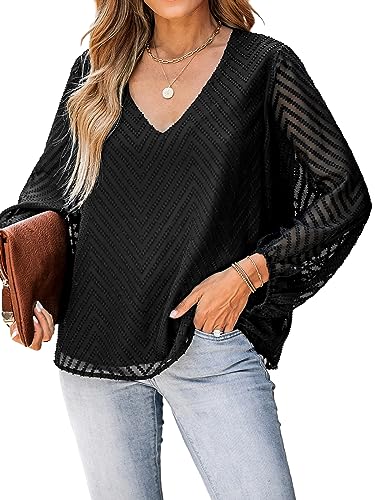 CUPSHE Damen Bluse V Ausschnitt Transparente Puffärmel Langarmshirt Oberteile Lässige Tunika Bluse Tops Schwarz L von CUPSHE