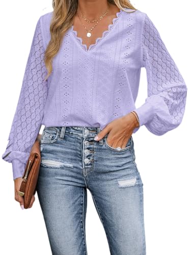 CUPSHE Damen Blusen V-Ausschnitt Spitzen Wellenkante Puffärmel Langarmshirt Lässige Lace Oberteile Tunika Bluse Tops Hellviolett M von CUPSHE