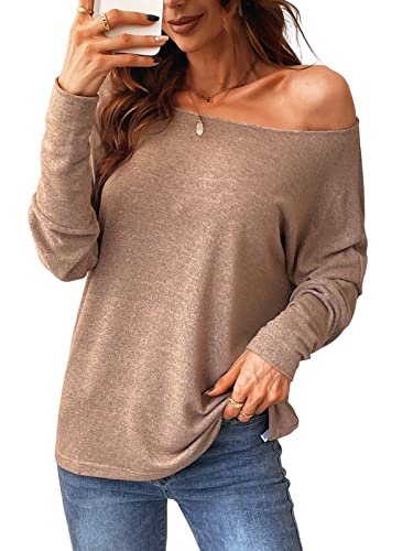 CUPSHE Damen Blusen Carmenausschnitt Fledermausärmel Langarm Hemd Tunika Blusentop Shirts Taupe S von CUPSHE