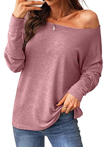 CUPSHE Damen Blusen Carmenausschnitt Fledermausärmel Schulterfreies Oberteil Tops Langarmshirt Blusentop Hemd Rosa L von CUPSHE