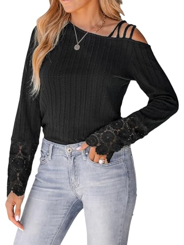 CUPSHE Damen Blusen One Shoulder Blumenspitze Langarmshirt Schulterfrei Oberteile Lässige Tunika Top Shirts Schwarz M von CUPSHE