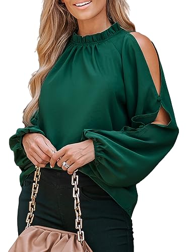 CUPSHE Damen Blusen Rüschenkragen Schlitz Langarmshirt Oberteile Lässige Tunika Bluse Tops Grün XL von CUPSHE