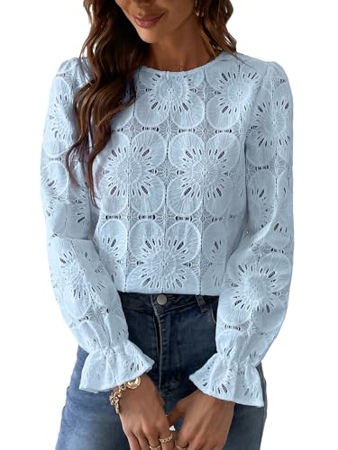 CUPSHE Damen Blusen Rundhals Blumenspitze Langarmshirt Oberteile Elegant Tunika Top Shirts Hellblau M von CUPSHE