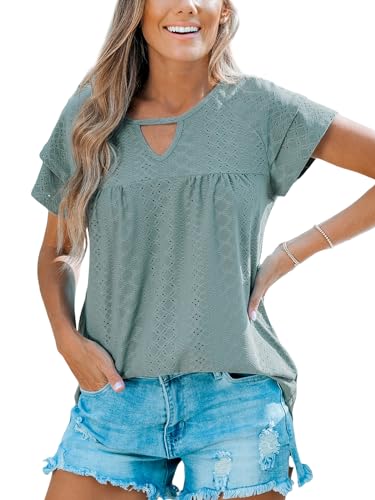 CUPSHE Damen Blusen Rundhals Keyhole Gestufte Kurzärmel Spitze Oberteile Tshirt Tunika Bluse Tops Graugrün S von CUPSHE
