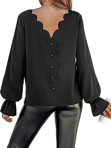 CUPSHE Damen Blusen Rundhals Knopfleiste Langarmshirt Oberteile Wellenkante V-Ausschnitt hinten Lässige Tunika Bluse Tops Schwarz M von CUPSHE