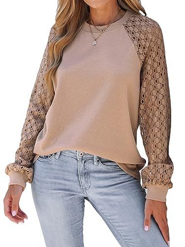 CUPSHE Damen Blusen Rundhals Spitzenärmel Langarmshirt Oberteile Lässige Tunika Bluse Tops Braun S von CUPSHE