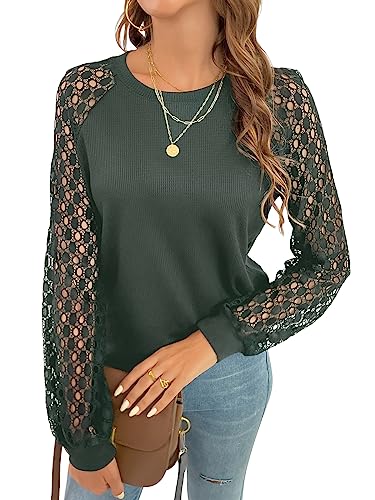 CUPSHE Damen Blusen Rundhals Spitzenärmel Langarmshirt Oberteile Lässige Tunika Bluse Tops Grün XL von CUPSHE