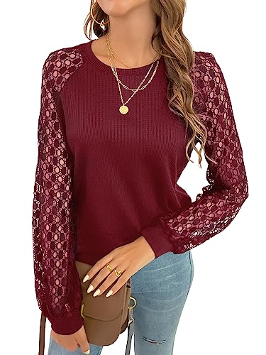 CUPSHE Damen Blusen Rundhals Spitzenärmel Langarmshirt Oberteile Lässige Tunika Bluse Tops Weinrot XS von CUPSHE