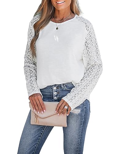 CUPSHE Damen Blusen Rundhals Spitzenärmel Langarmshirt Spitzen Oberteile Tshirt Tunika Bluse Tops Weiß XL von CUPSHE