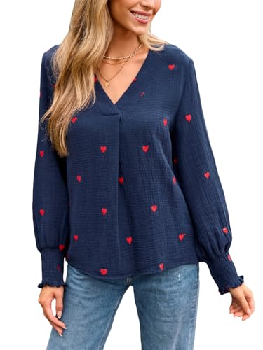 CUPSHE Damen Blusen V-Ausschnitt Liebesherz Stickerei Langarm Volants Rüschen Oberteile Elegant Hemd Top Shirts, Blau,XS von CUPSHE