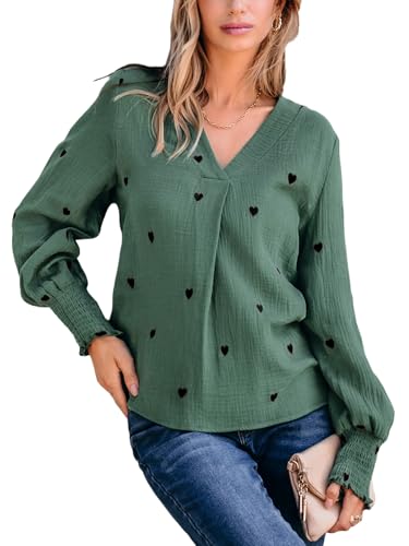CUPSHE Damen Blusen V-Ausschnitt Liebesherz Stickerei Langarm Volants Rüschen Oberteile Elegant Hemd Top Shirts, Grün,XS von CUPSHE