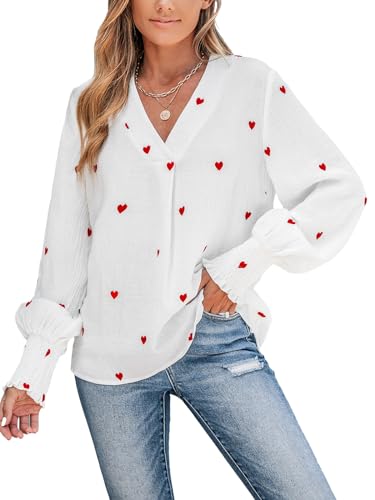 CUPSHE Damen Blusen V-Ausschnitt Liebesherz Stickerei Langarm Volants Rüschen Oberteile Elegant Hemd Top Shirts Weiß L von CUPSHE