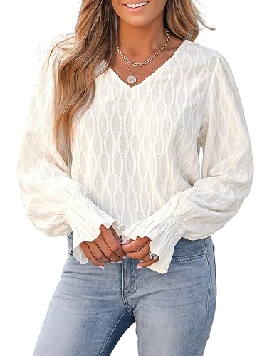 CUPSHE Damen Blusen V Ausschnitt Rückenschlitz Langarm Spitze Oberteil Strukturiert Tunika Shirt Lässige Bluse Tops Aprikose M von CUPSHE