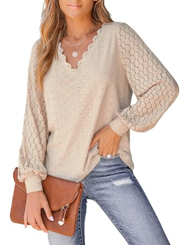 CUPSHE Damen Blusen V Ausschnitt Spitzen Wellenkante Puffärmel Langarmshirt Lässige Lace Oberteile Tunika Bluse Tops Hellbraun L von CUPSHE