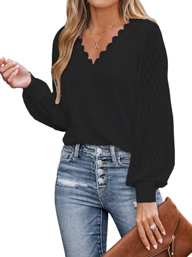 CUPSHE Damen Blusen V-Ausschnitt Spitzen Wellenkante Puffärmel Langarmshirt Lässige Lace Oberteile Tunika Bluse Tops Schwarz L von CUPSHE