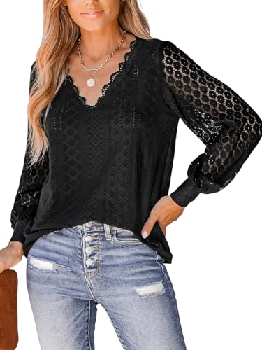 CUPSHE Damen Blusen V-Ausschnitt Spitzen Wellenkante Puffärmel Langarmshirt Lässige Lace Oberteile Tunika Bluse Tops Schwarz M von CUPSHE