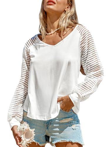 CUPSHE Damen Blusen V Ausschnitt Streifen Netzärmel Langarmshirt Oberteile Tshirt Tunika Bluse Tops Weiß L von CUPSHE