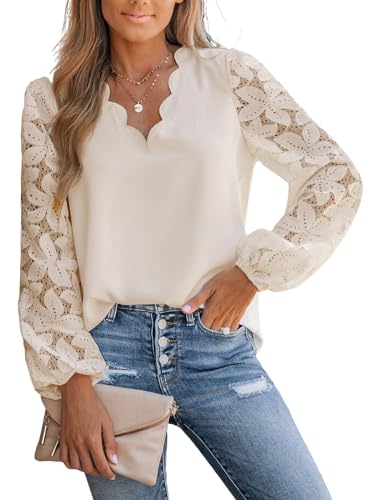 CUPSHE Damen Blusen V-Ausschnitt Wellenkante Floral Spitzenärmel Langarmshirt Lässige Spitzen Oberteile Tunika Bluse Tops Aprikose L von CUPSHE
