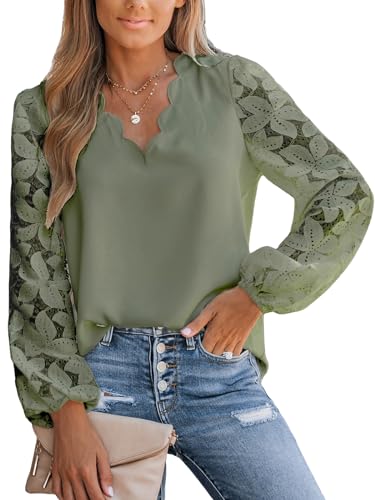 CUPSHE Damen Blusen V Ausschnitt Wellenkante Floral Spitzenärmel Langarmshirt Lässige Spitzen Oberteile Tunika Bluse Tops Grün S von CUPSHE