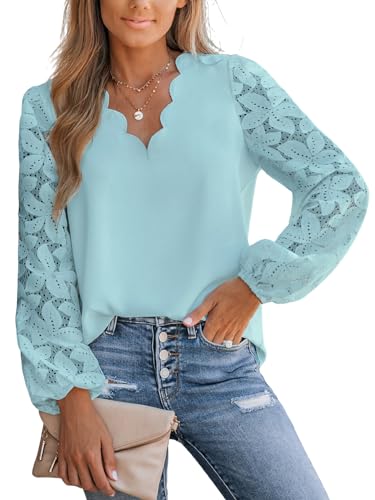 CUPSHE Damen Blusen V-Ausschnitt Wellenkante Floral Spitzenärmel Langarmshirt Lässige Spitzen Oberteile Tunika Bluse Tops Minzgrün XL von CUPSHE