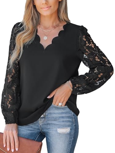 CUPSHE Damen Blusen V-Ausschnitt Wellenkante Floral Spitzenärmel Langarmshirt Lässige Spitzen Oberteile Tunika Bluse Tops Schwarz M von CUPSHE