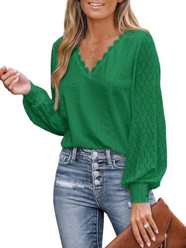 CUPSHE Damen Blusen V-Ausschnitt Spitzen Wellenkante Puffärmel Langarmshirt Lässige Lace Oberteile Tunika Bluse Tops Smaragdgrün S von CUPSHE