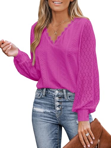 CUPSHE Damen Blusen V-Ausschnitt Spitzen Wellenkante Puffärmel Langarmshirt Lässige Lace Oberteile Tunika Bluse Tops Magenta XS von CUPSHE