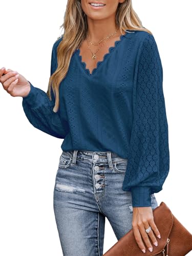 CUPSHE Damen Blusen V-Ausschnitt Spitzen Wellenkante Puffärmel Langarmshirt Lässige Lace Oberteile Tunika Bluse Tops Blau S von CUPSHE