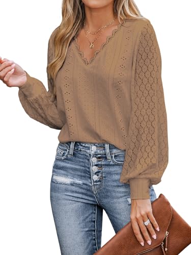 CUPSHE Damen Blusen V-Ausschnitt Spitzen Wellenkante Puffärmel Langarmshirt Lässige Lace Oberteile Tunika Bluse Tops Braun XS von CUPSHE