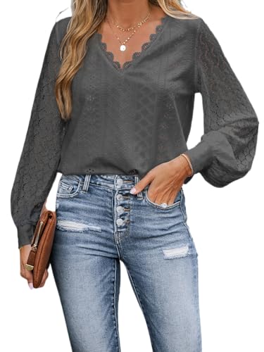 CUPSHE Damen Blusen V-Ausschnitt Spitzen Wellenkante Puffärmel Langarmshirt Lässige Lace Oberteile Tunika Bluse Tops Dunkelgrau M von CUPSHE