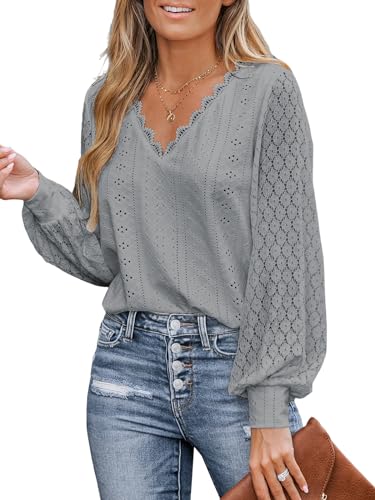 CUPSHE Damen Blusen V-Ausschnitt Spitzen Wellenkante Puffärmel Langarmshirt Lässige Lace Oberteile Tunika Bluse Tops Grau XS von CUPSHE