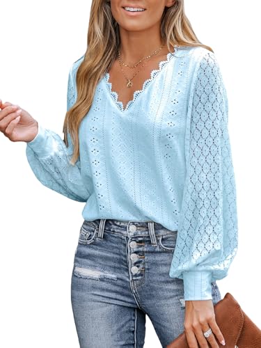 CUPSHE Damen Blusen V-Ausschnitt Spitzen Wellenkante Puffärmel Langarmshirt Lässige Lace Oberteile Tunika Bluse Tops Hellblau M von CUPSHE
