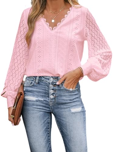 CUPSHE Damen Blusen V-Ausschnitt Spitzen Wellenkante Puffärmel Langarmshirt Lässige Lace Oberteile Tunika Bluse Tops Hellrosa XXL von CUPSHE