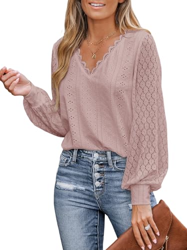 CUPSHE Damen Blusen V-Ausschnitt Spitzen Wellenkante Puffärmel Langarmshirt Lässige Lace Oberteile Tunika Bluse Tops Rose XS von CUPSHE