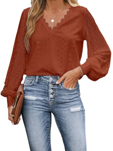 CUPSHE Damen Blusen V-Ausschnitt Spitzen Wellenkante Puffärmel Langarmshirt Lässige Lace Oberteile Tunika Bluse Tops Rot XL von CUPSHE