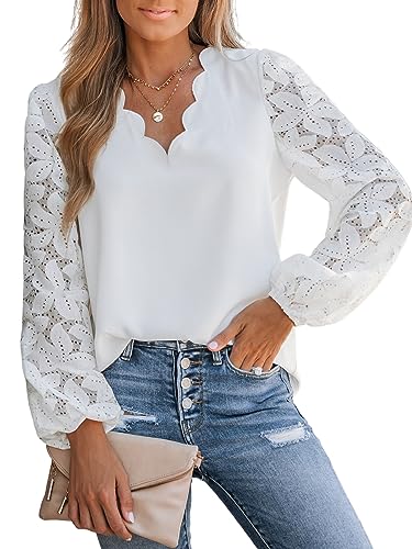 CUPSHE Damen Blusen V Ausschnitt Wellenkante Spitzenärmel Langarmshirt Lässige Spitzen Oberteile Tunika Bluse Tops Weiß L von CUPSHE