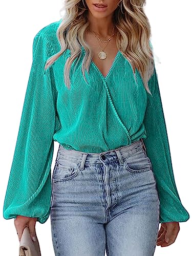 CUPSHE Damen Blusen V Ausschnitt Wickeloptik Langarm Plissee Falten Tunika Langarmshirt Oberteile Tops Grün L von CUPSHE