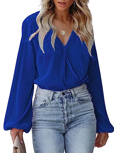 CUPSHE Damen Blusen V Ausschnitt Wickeloptik Langarm Plissee Falten Tunika Langarmshirt Oberteile Tops Königsblau L von CUPSHE