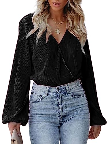 CUPSHE Damen Blusen V Ausschnitt Wickeloptik Langarm Plissee Falten Tunika Langarmshirt Oberteile Tops Schwarz L von CUPSHE