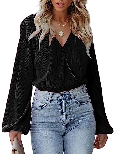 CUPSHE Damen Blusen V-Ausschnitt Wickeloptik Langarm Plissee Falten Tunika Langarmshirt Oberteile Tops Schwarz L von CUPSHE