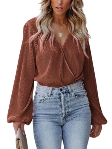 CUPSHE Damen Blusen V Ausschnitt Wickeloptik Plissee Oberteile Langarmshirt Falten Tunika Wickelbluse Tops Braun XL von CUPSHE