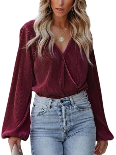 CUPSHE Damen Blusen V Ausschnitt Wickeloptik Plissee Oberteile Langarmshirt Falten Tunika Wickelbluse Tops Burgunderfarben L von CUPSHE