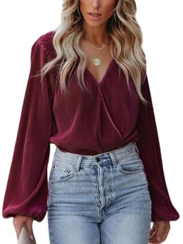 CUPSHE Damen Blusen V-Ausschnitt Wickeloptik Plissee Oberteile Langarmshirt Falten Tunika Wickelbluse Tops Burgunderfarben L von CUPSHE